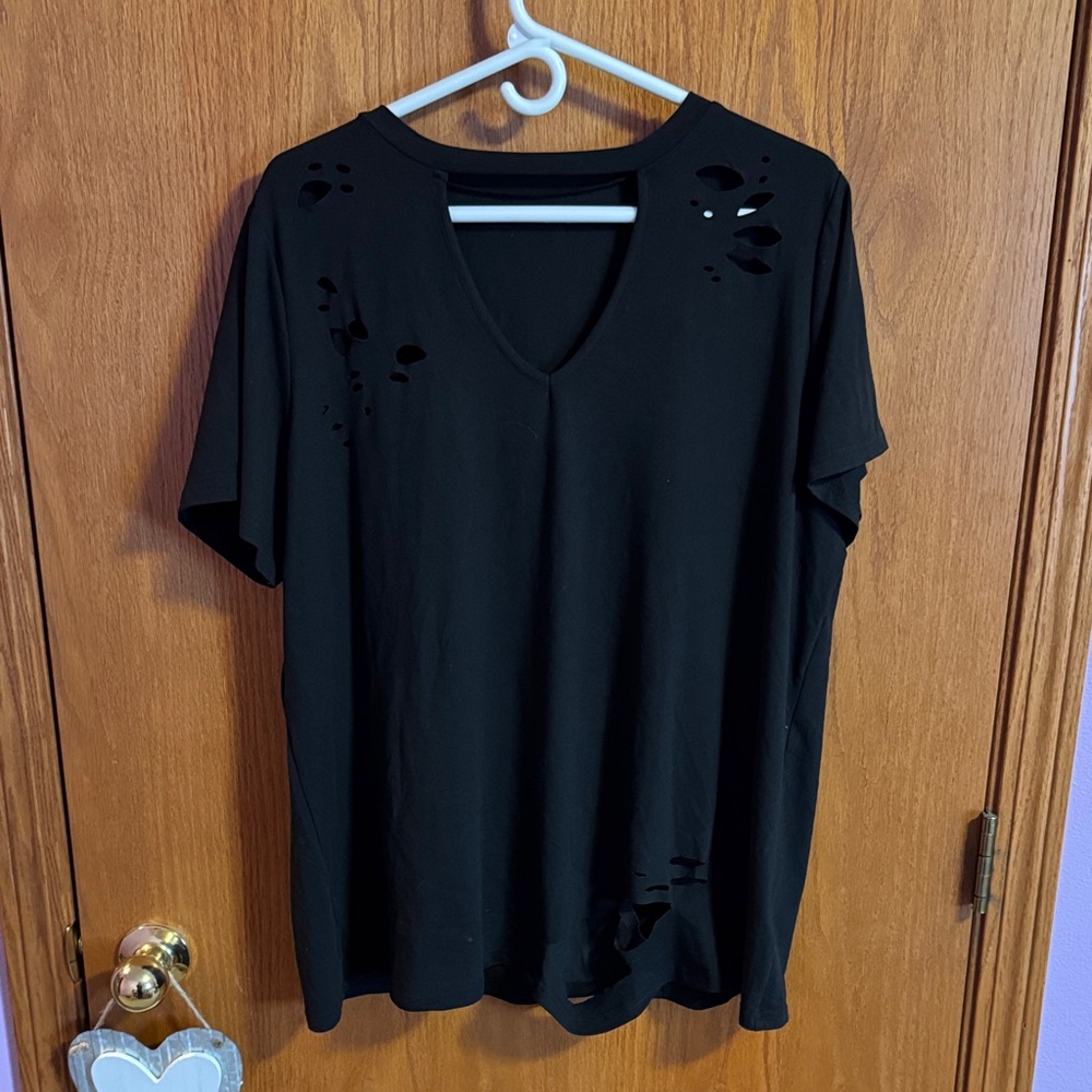 Black Distressed V-Neck Women's Top
